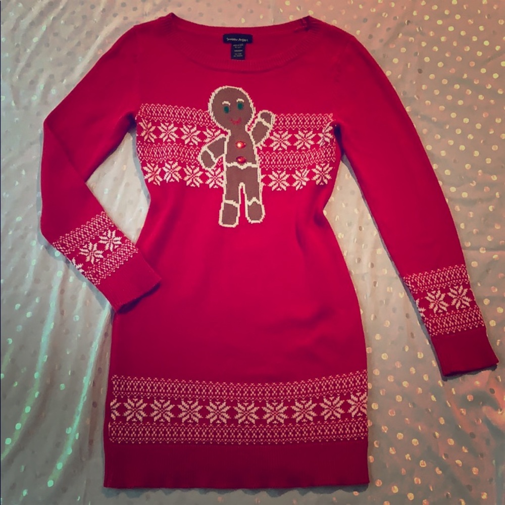 Red winter-themed holiday sweater dress